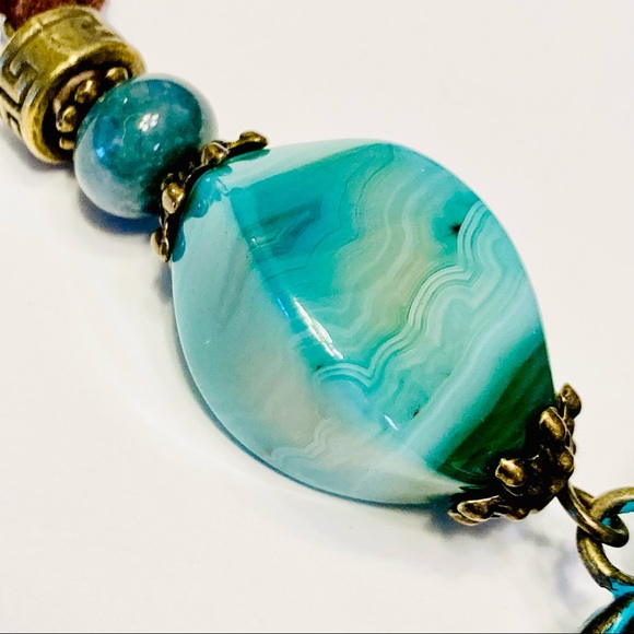Teal Turquoise Patina Filigree Brass Heart Necklace w/ Onyx & Chrysocolla Stone - Picture 6 of 11